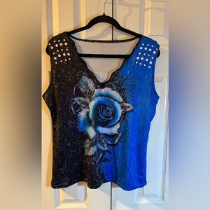 Blue and Black Sleeveless Top with Floral Design